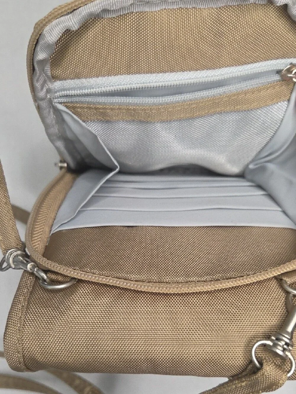 Travelon Small Crossbody Security Pouch in Beige With Belt Clip